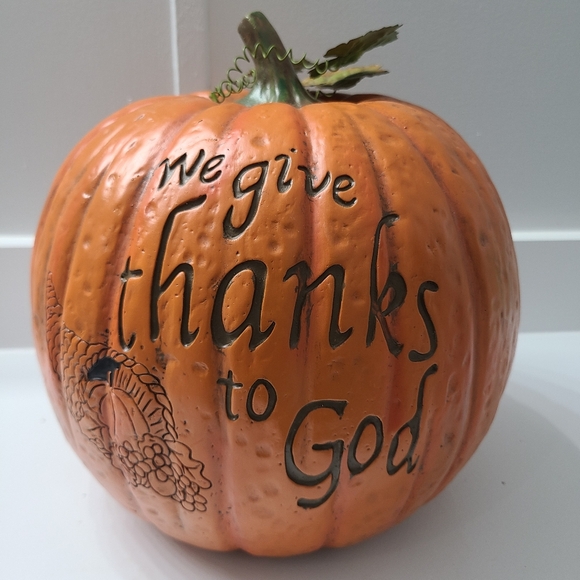 Autumn Fall “Give Thanks” Pumpkin Thanksgiving Figurine Carved Inscription 11”Ht - Picture 1 of 6